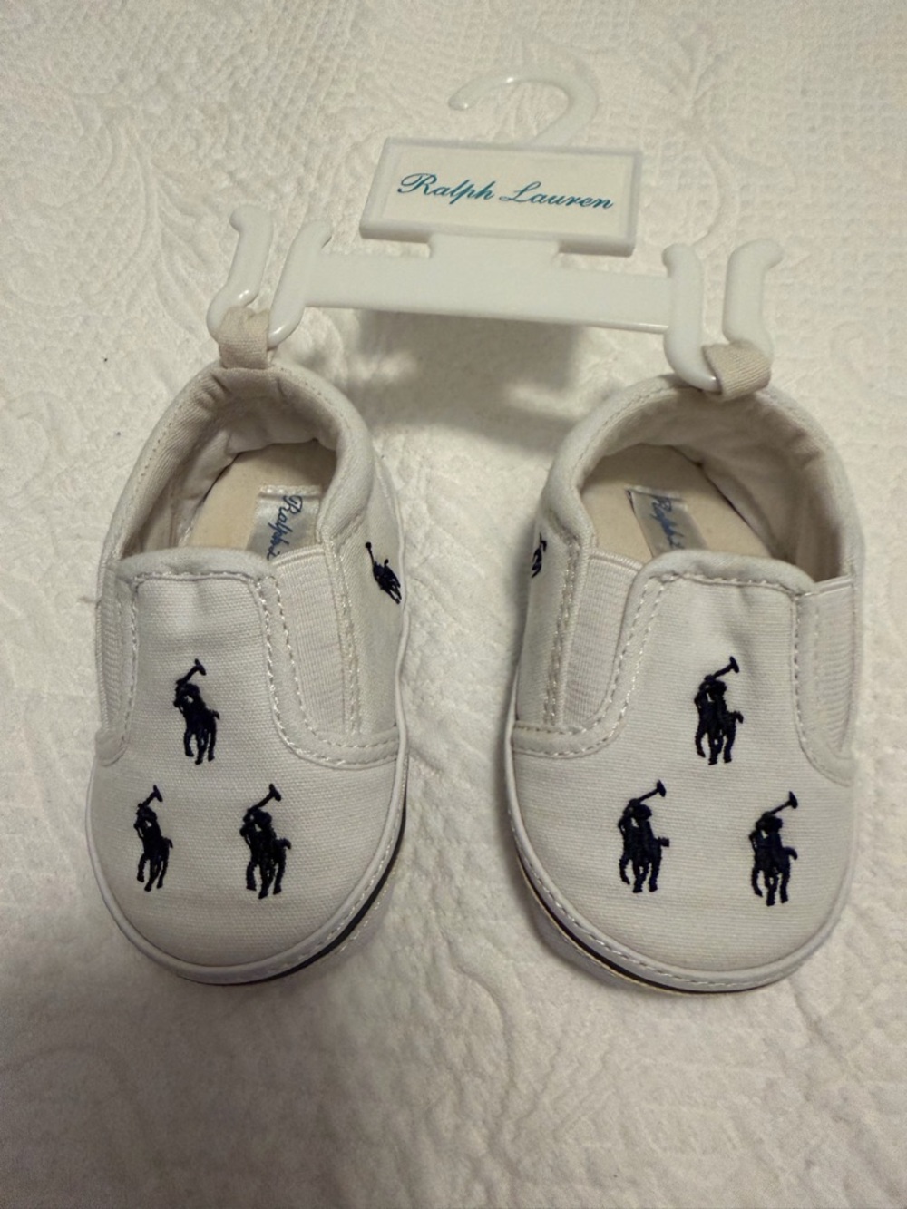 Ralph Lauren White Slip-On Canvas Baby Shoes with Navy Polo Logos